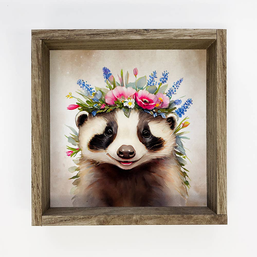 Cute Flower Badger - Nursery Art  with Rustic Wood Frame