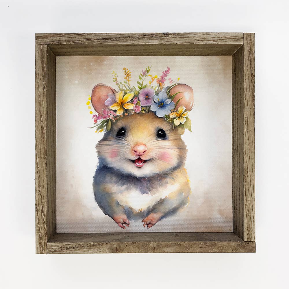 Cute Flower Mouse - Nursery Wall Art with Rustic Wood Frame