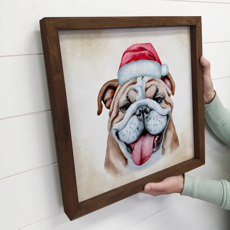 Bulldog in Santa Hat Christmas Small Canvas Sign