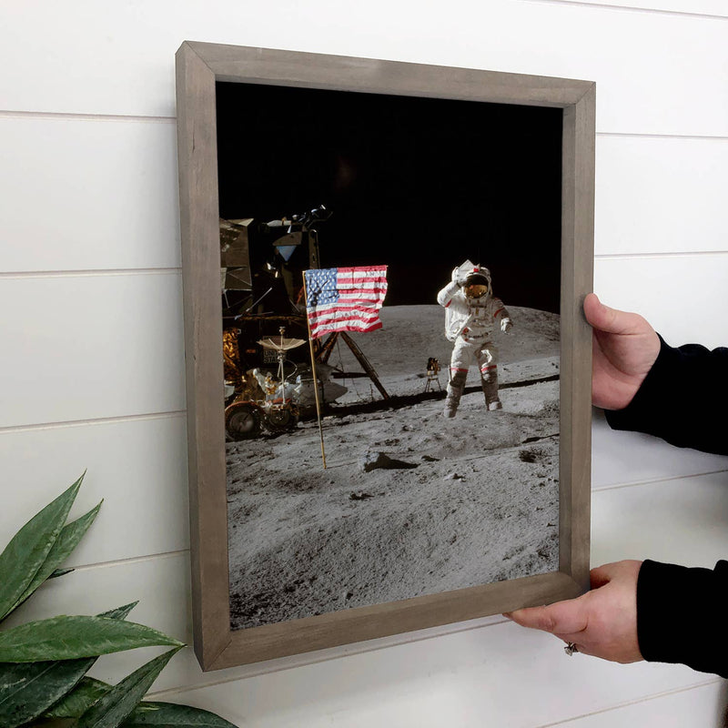 Apollo 16 Flag - Patriotic Flag Canvas Art - Wood Framed Art