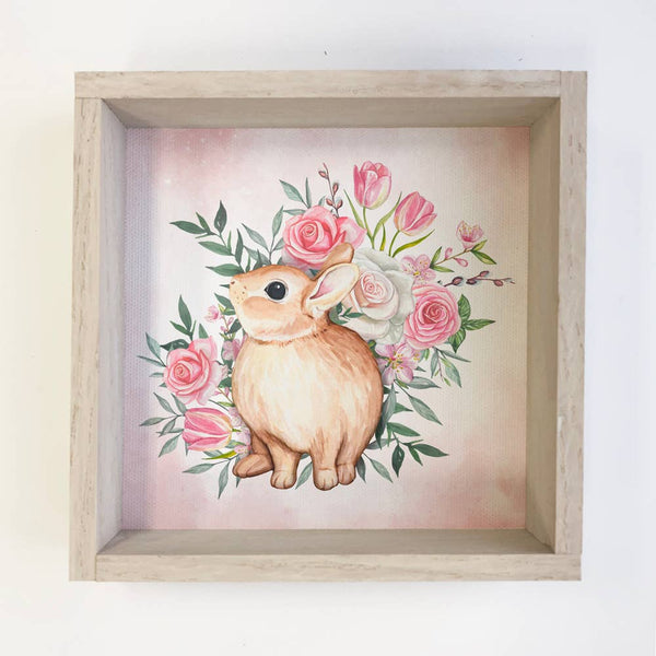 Bunny with Flowers - Farmhouse Nursery - Natural Wood Frame