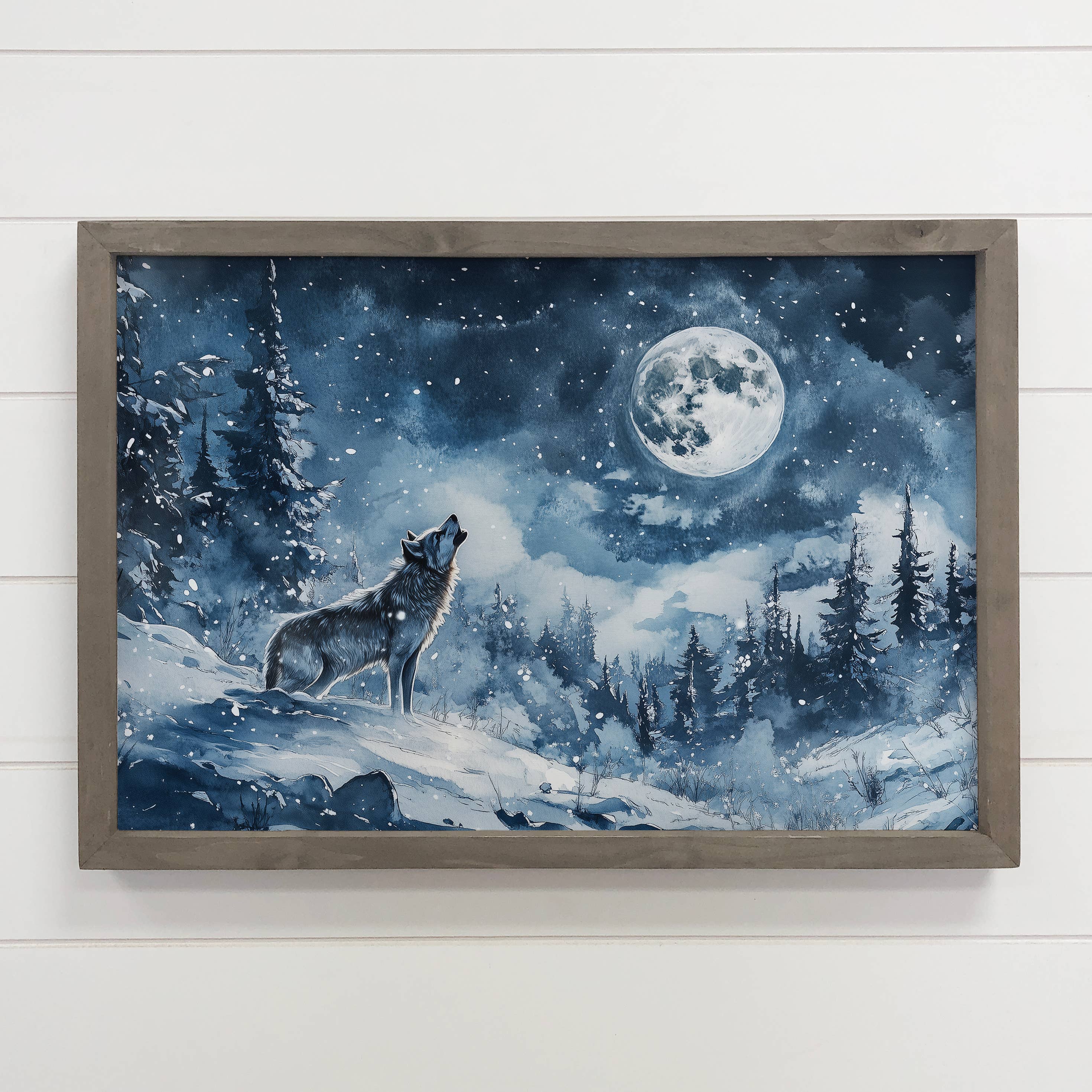 Wolf Howling Moonlight Snow - Wolf Canvas Art - Wood Framed
