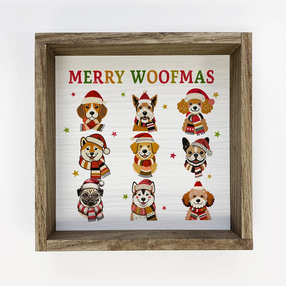 Merry Woofmas 9 Dogs- Christmas Canvas Art - Wood Framed Art