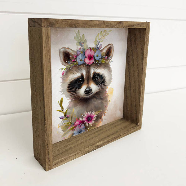 Cute Flower Raccoon-Nursery Wall Art with Rustic Wood Frame