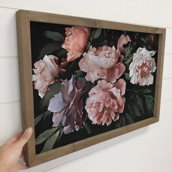 Peonies Dark Still Painting - Framed Canvas Wall Art Print