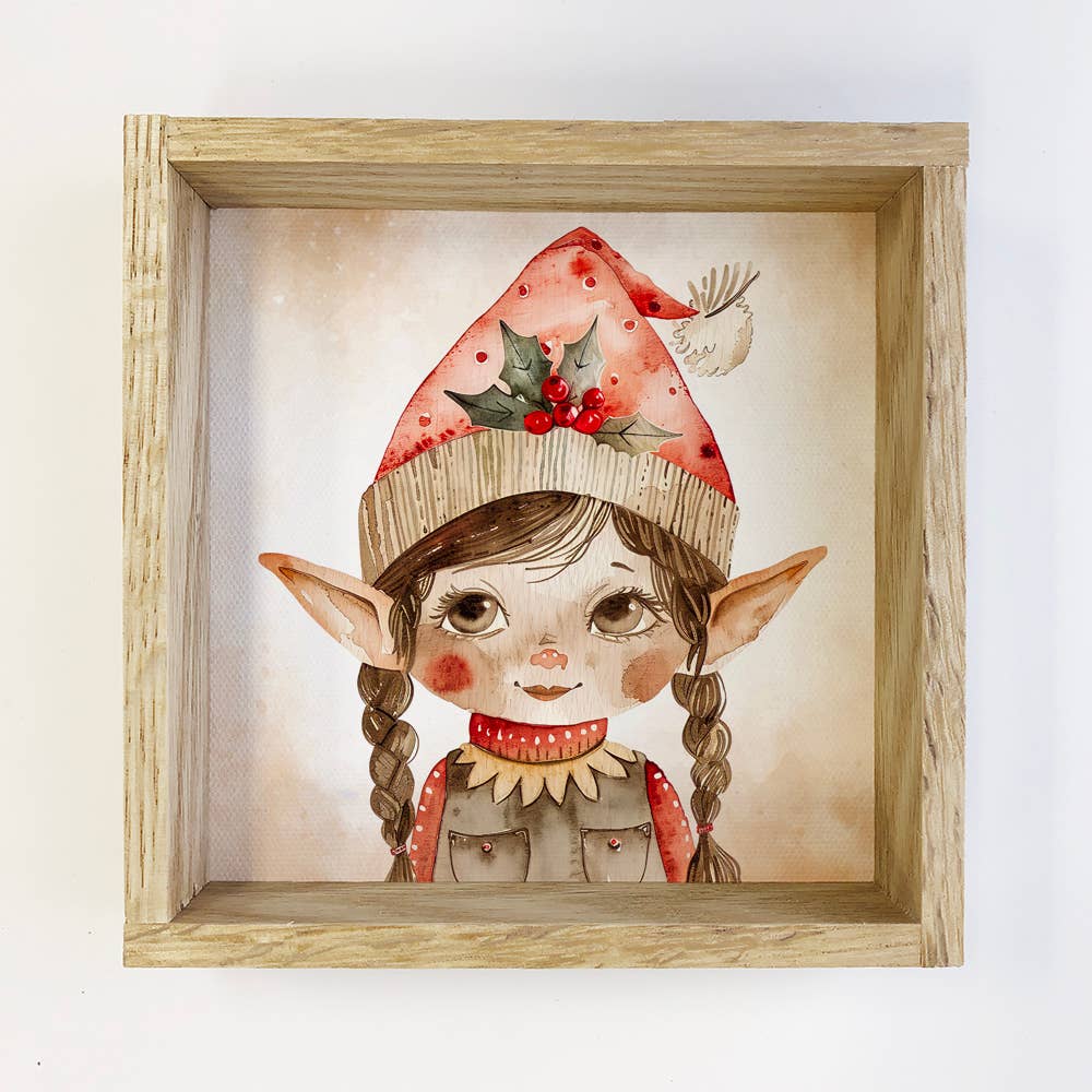 Scandi Watercolor Elf Girl - Christmas Canvas Art - Framed