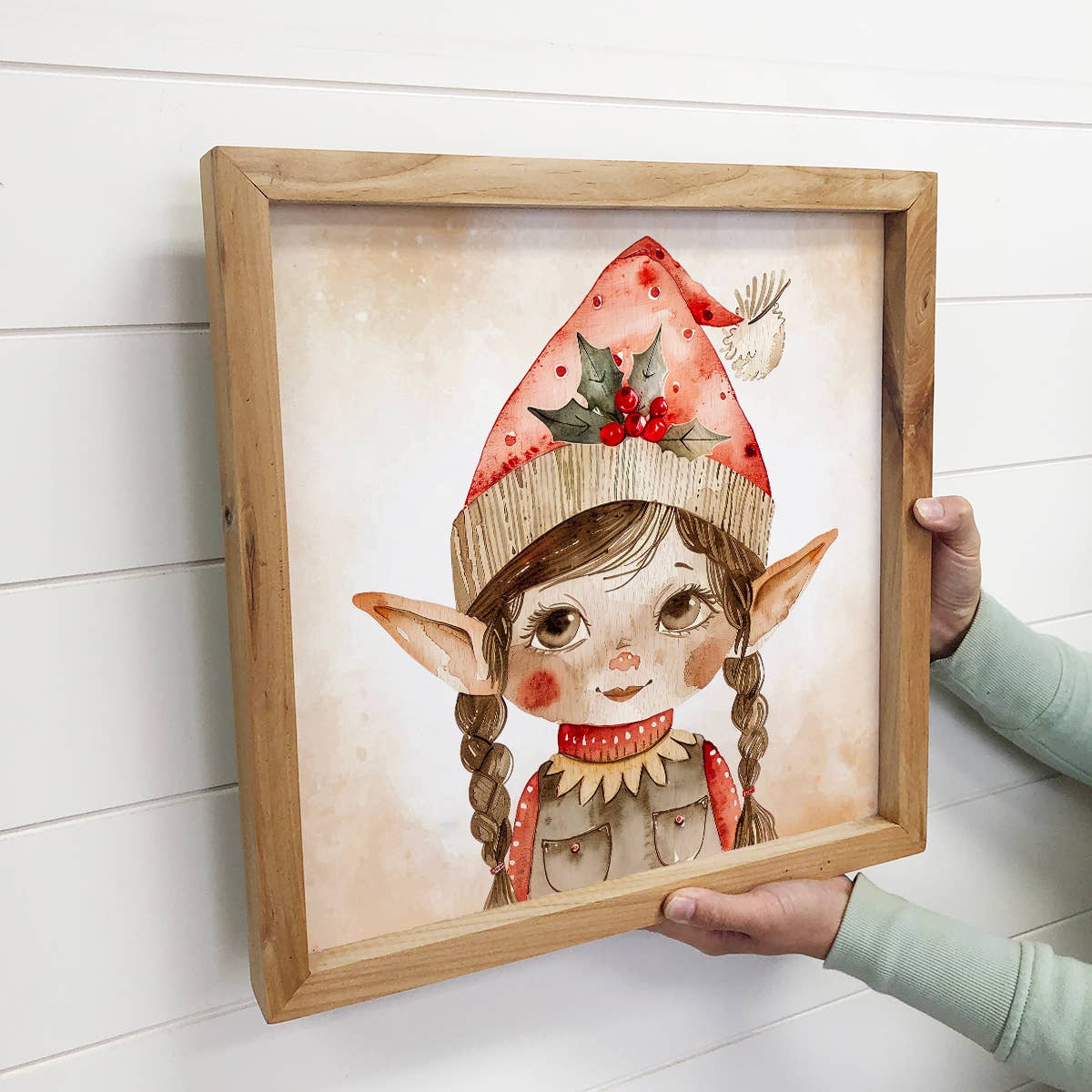 Scandi Watercolor Elf Girl - Christmas Canvas Art - Framed