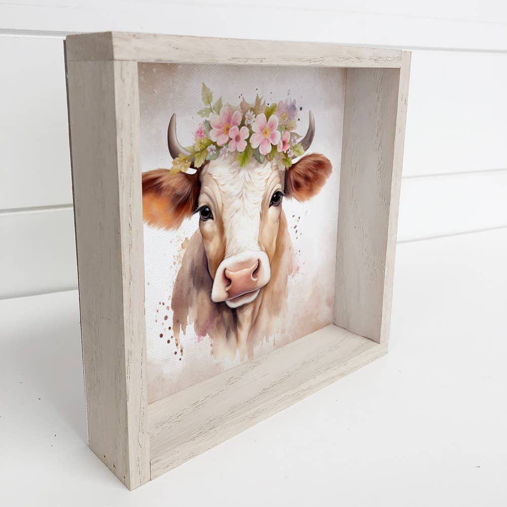 Springtime Flower Cow - Cute Cow Canvas Art - Wood Framed