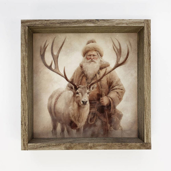 Vintage Santa & Reindeer - Rustic Holiday Canvas Art