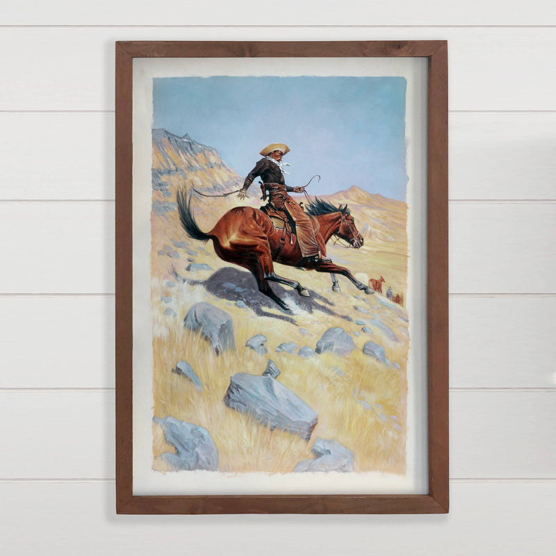 Downhill Cowboy - Ranch House Canvas Art - Wood Framed Art