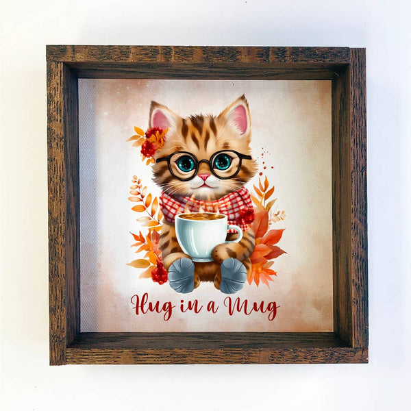 Hug in a Mug Cat - Cute Fall Animal Canvas Wall Art - Framed