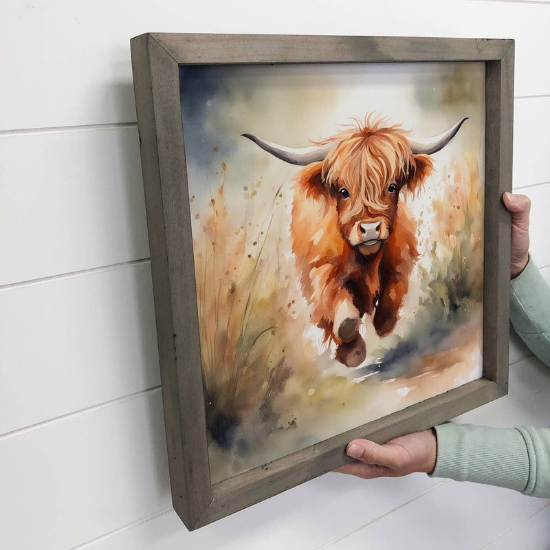 Running Baby Highland Cow - Baby Animal Farmhouse Canvas Art