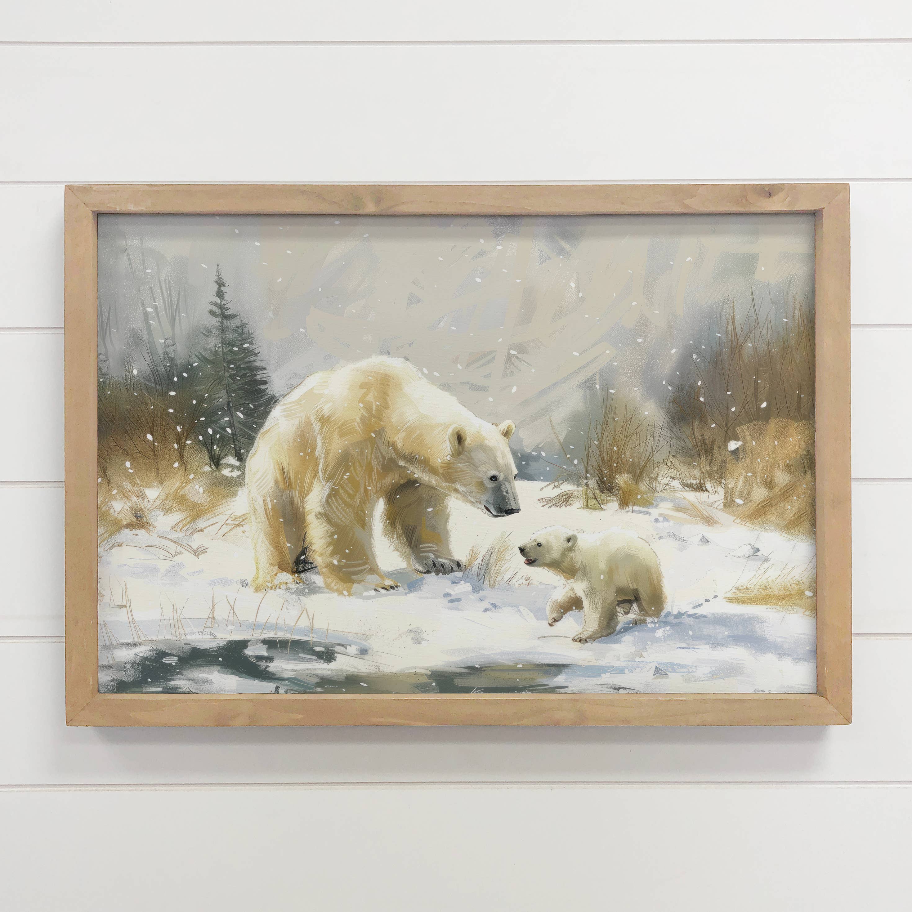 Polar Bear Mama Baby River Bank - Mountain Lodge Wall Art