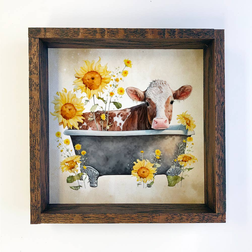 Brown Cow with Sunflower Bath - Cute Cow - Farm Bathroom Art