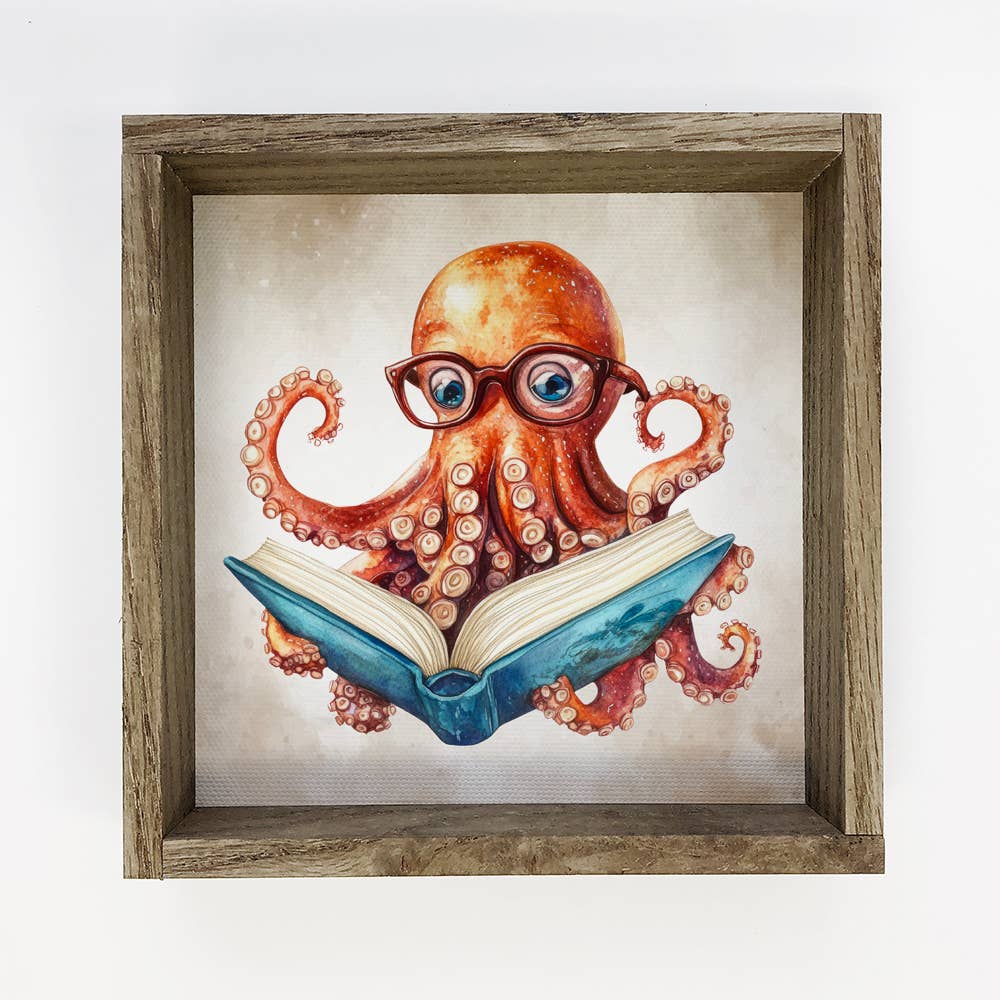Octopus Reading Book - Cute Octopus Canvas Art - Wood Framed