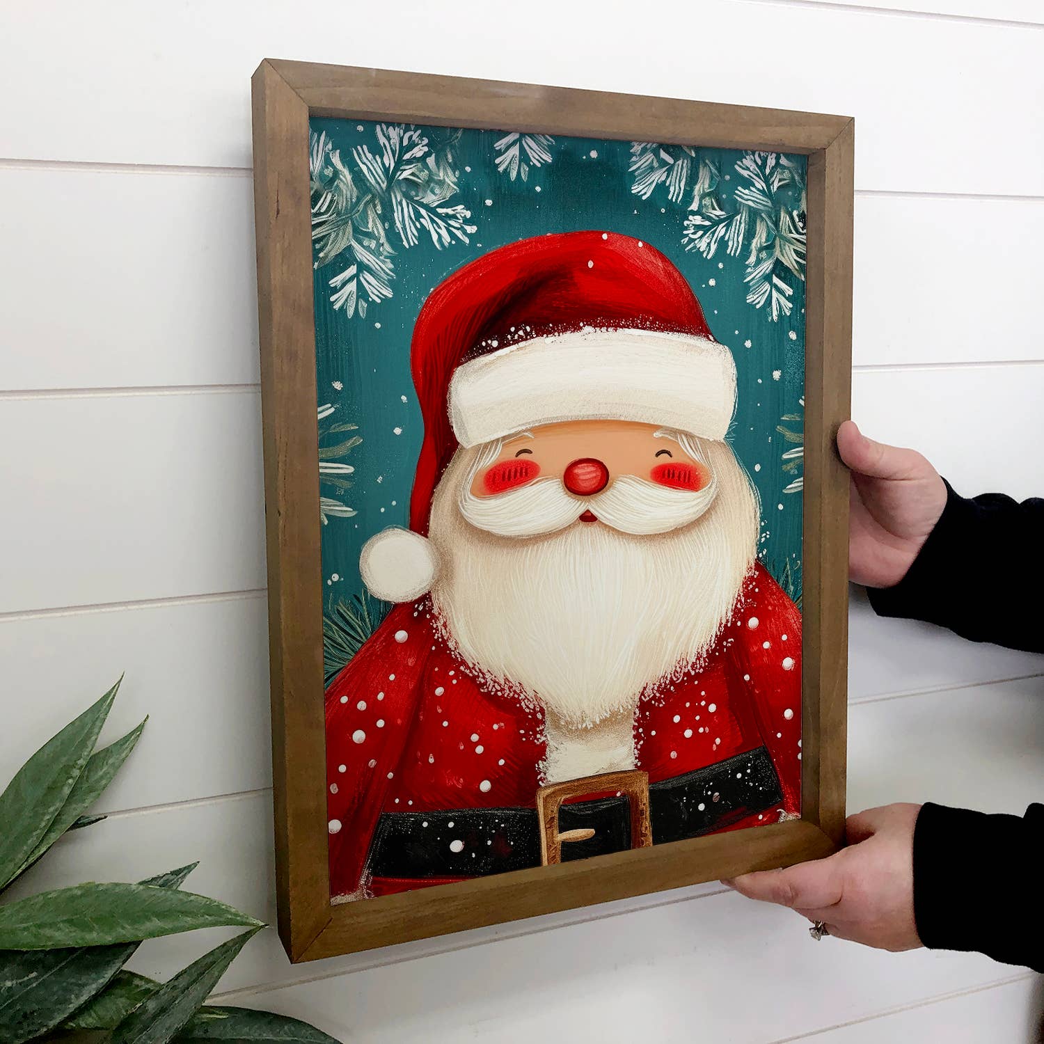 Cute Folksy Santa - Christmas Canvas Art - Wood Framed Art