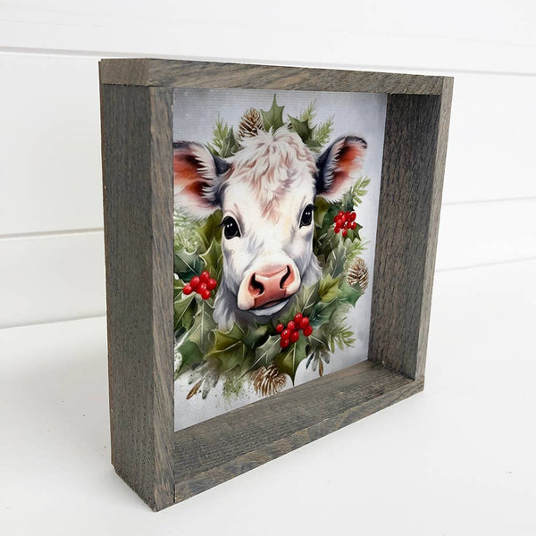 White Cow Christmas - Cute Holiday Animal - Wood Frame Decor