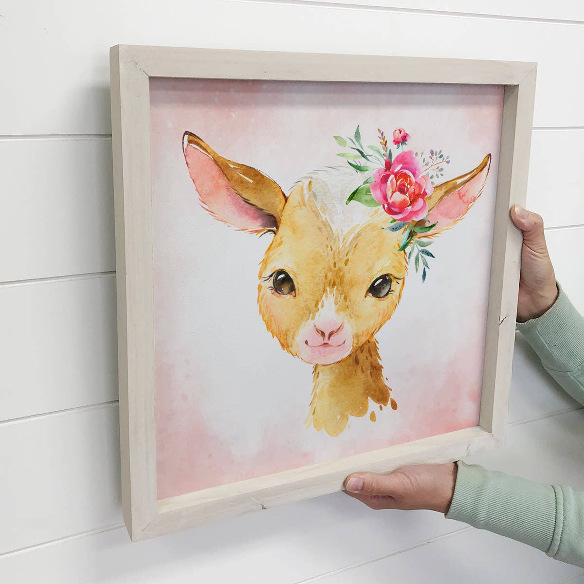 Little Girl Goat Watercolor Small Whitewash Framed Decor