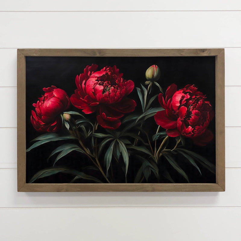 Dark Red Peonies - Flower Canvas Art - Wood Framed Wall Art