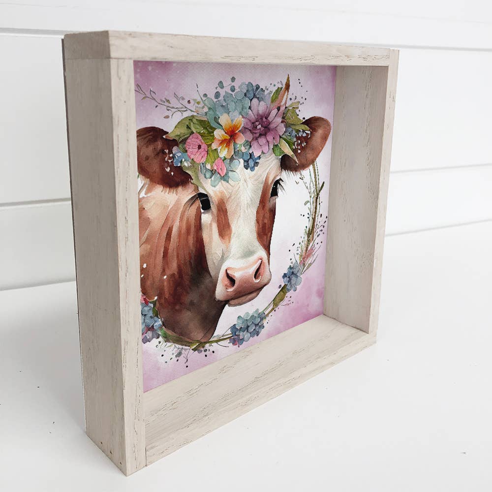 Spring Wreath Cow - Spring Time Animals Canvas Art - Framed