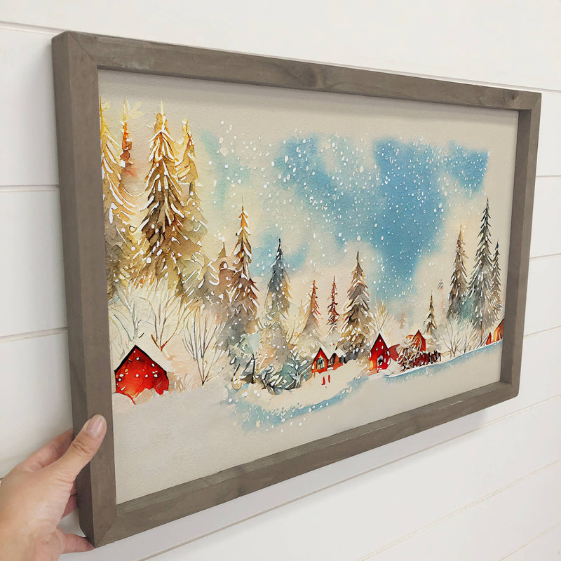 Snowy Christmas Village Wall Art with Wood Frame