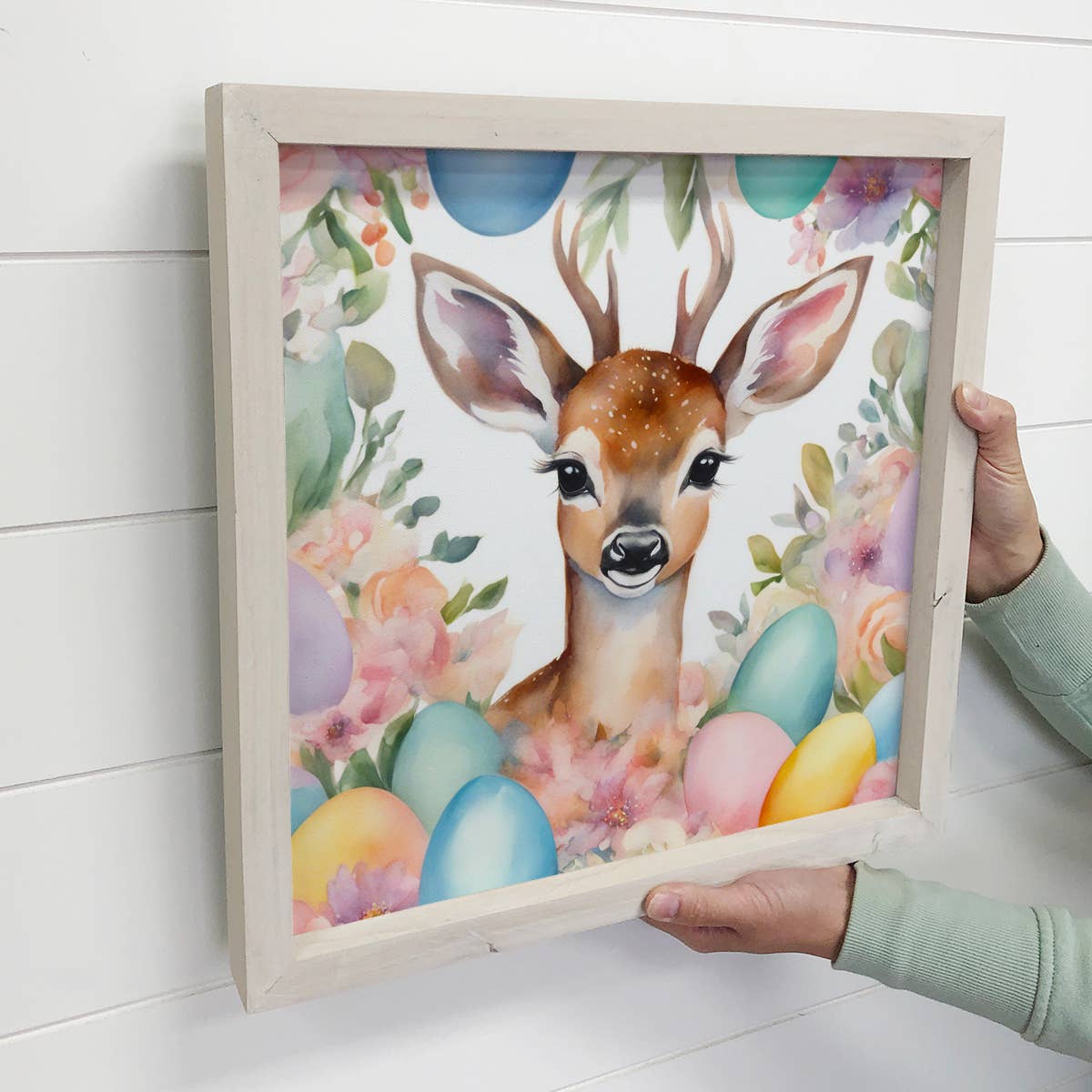 Easter Egg Deer - Cute Deer Easter Canvas Art - Wood Framed