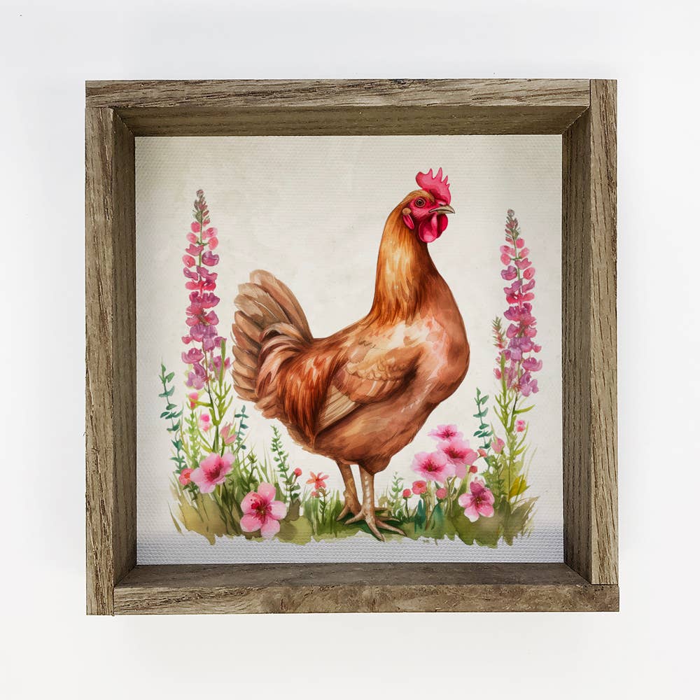 Spring Chicken Pink Flowers - Framed Chicken Canvas Artwork