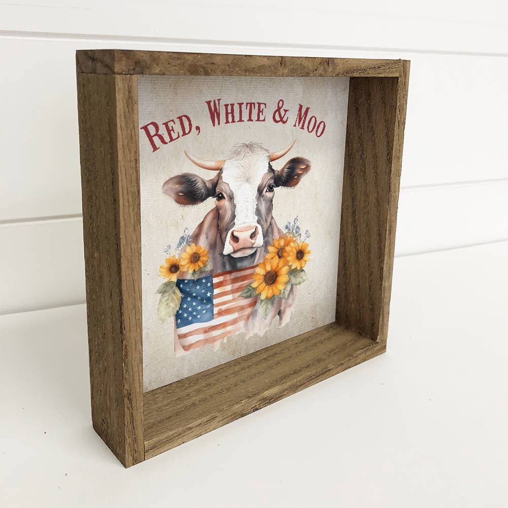 Red, White and Moo - Cute America Sign - Farm Animal Art