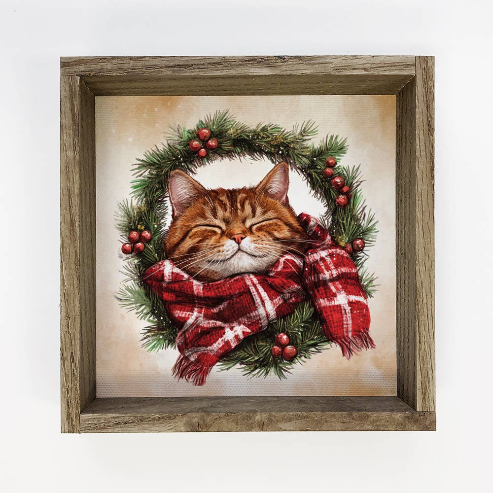 Cozy Cat Christmas Wreath - Christmas Cat Canvas Art