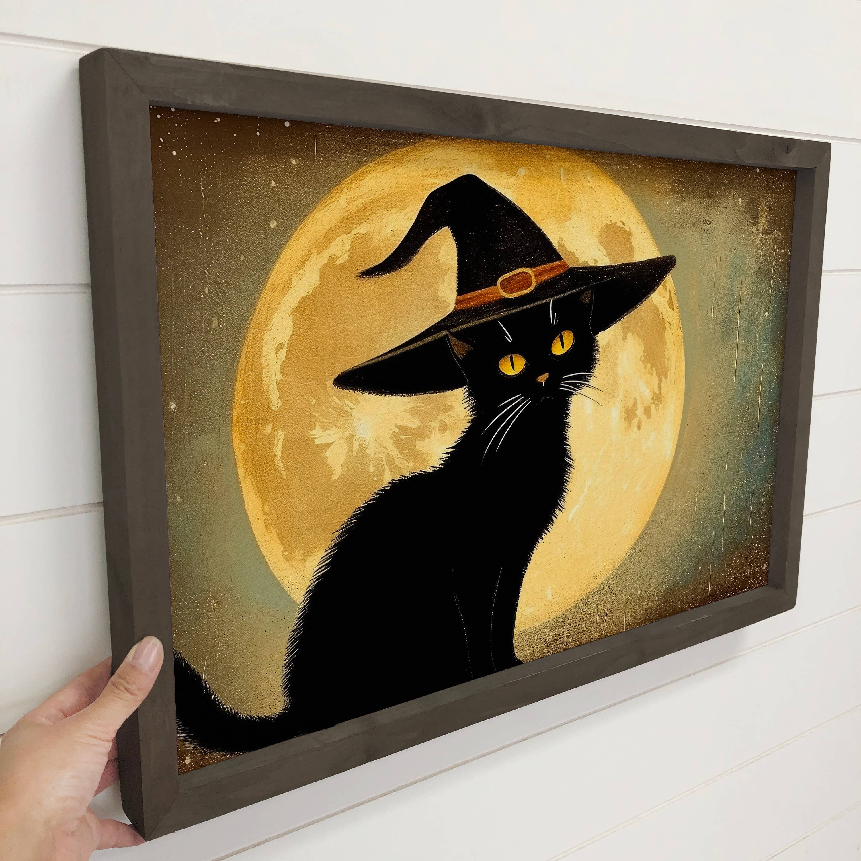 Black Cat and a Full Moon - Halloween Canvas Art - Framed