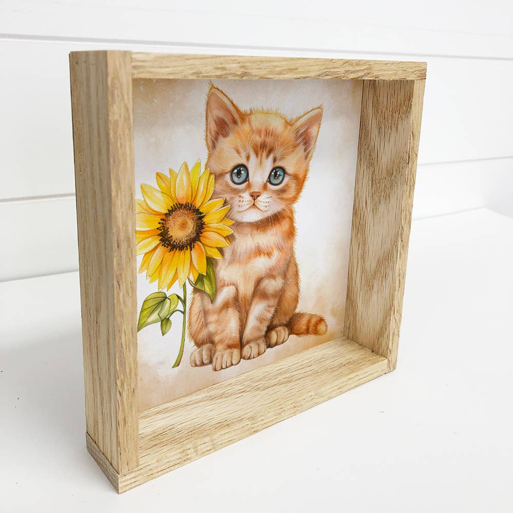 Yellow Cat and Yellow Sunflower - Cat Canvas Art - Framed