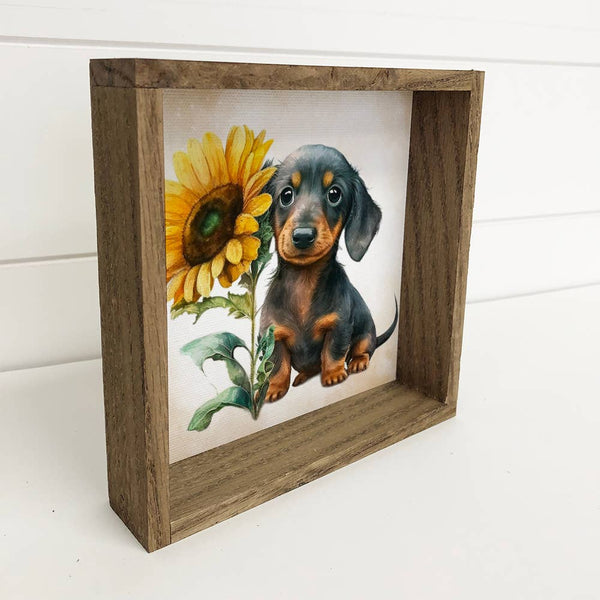 Sunflower Dachshund Puppy Weiner Dog - Cute Wood Sign Art