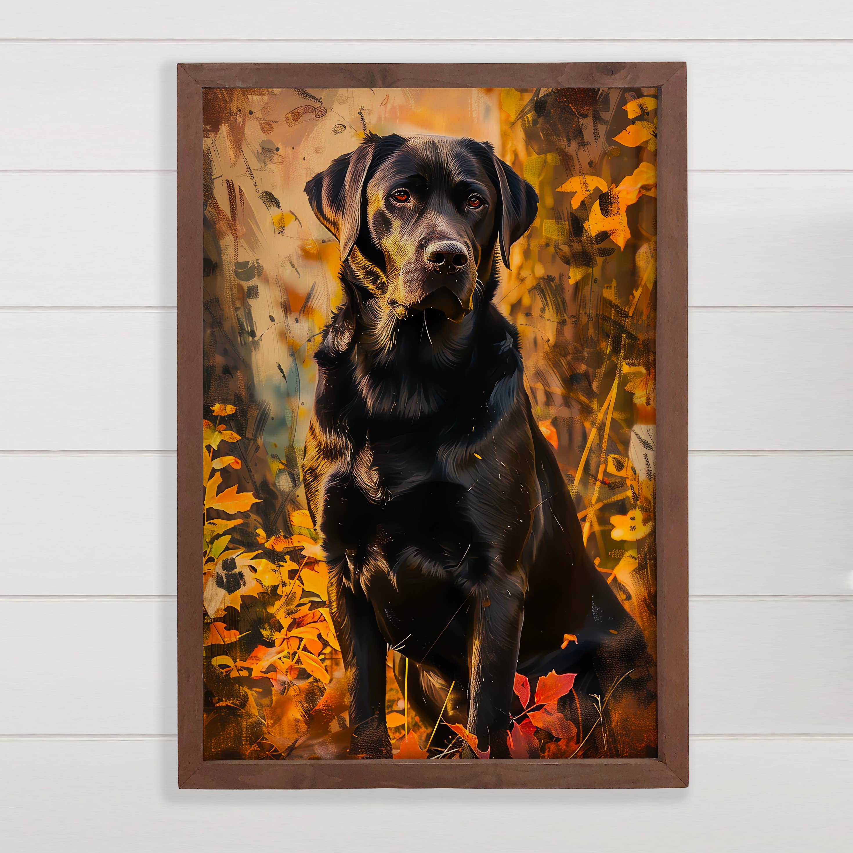Black Lab in Fall Leaves - Dog Canvas Art - Framed Artwork