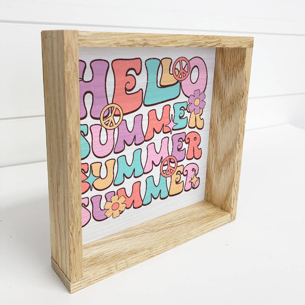 Retro Hello Summer - Summer Word Art - Wood Framed Wall Art