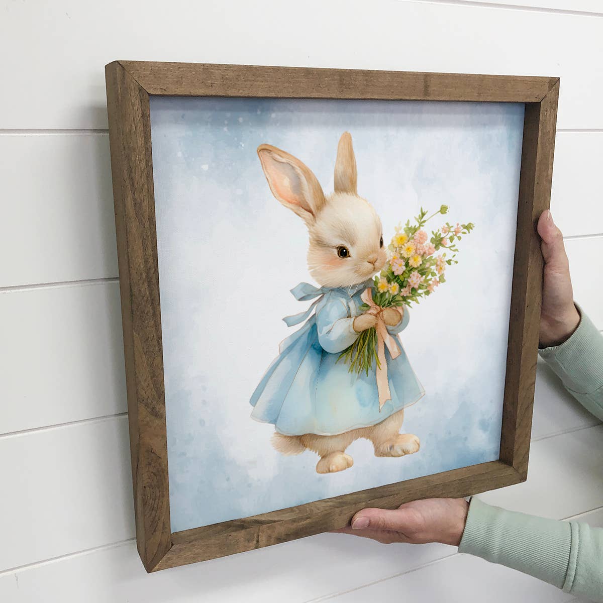 Easter Bunny Flowers Blue Dress - Easter Canvas Art - Framed