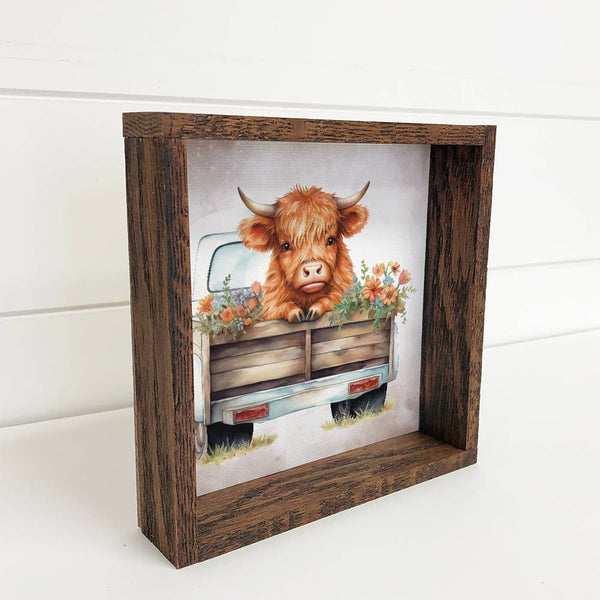 Highland Cow and Flowers in Truck - Cute Farm Animal Art
