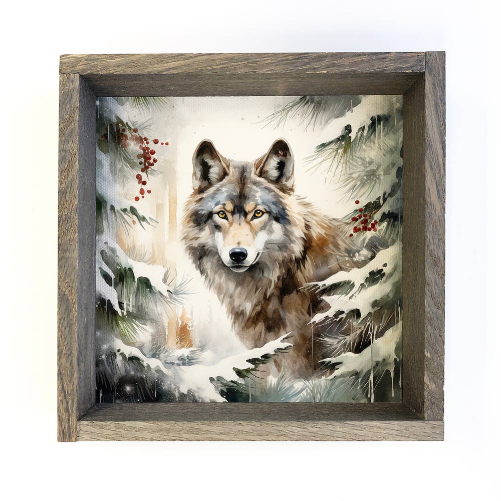 Winter Watercolor Wolf in Pines - Wolf Canvas Art - Framed