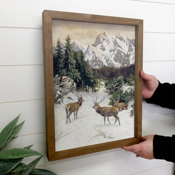 Winter Deer Mountains - Cabin Wall Art - Framed Animal Decor