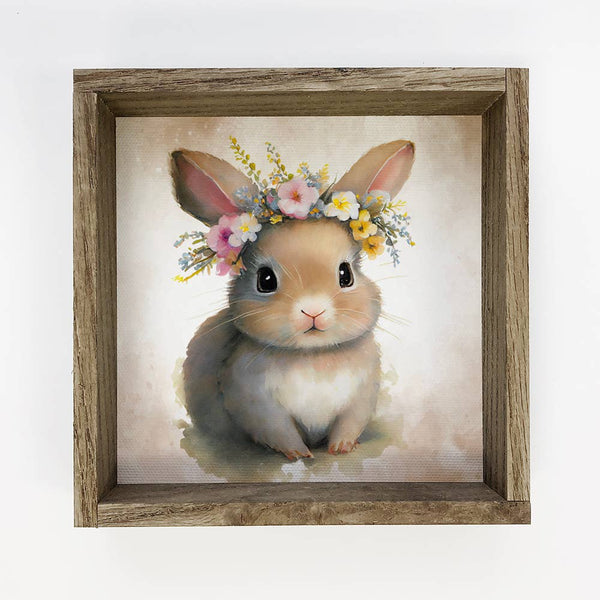 Cute Flower Rabbit - Nursery Wall Art with Rustic Wood Frame