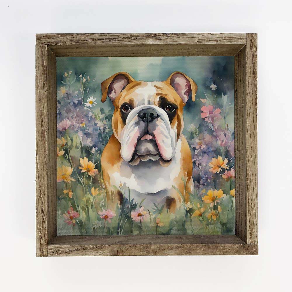 Wildflower Bulldog - Springtime Dog Canvas Art - Framed Art