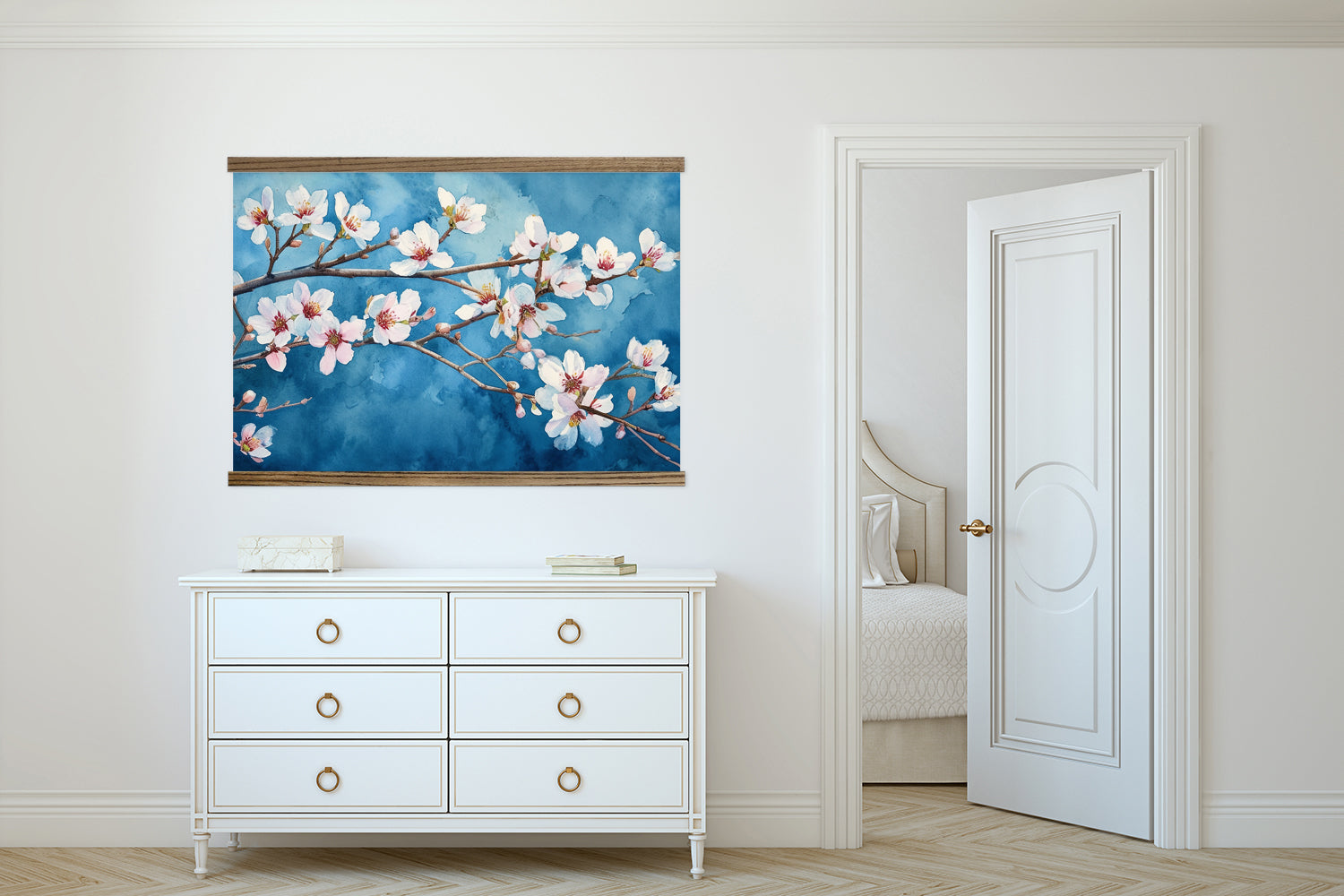 Almond Blossoms on Blue Watercolor - Flower Canvas Wall Art