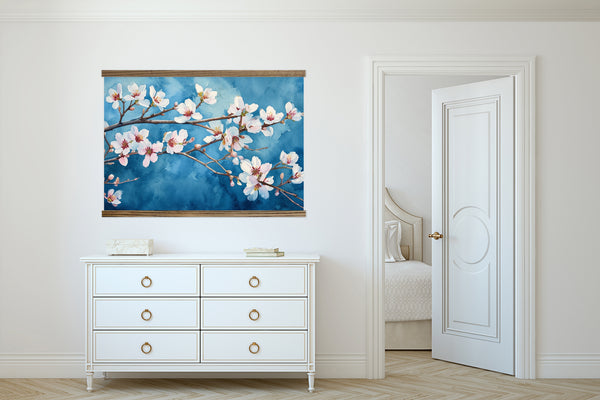 Almond Blossoms on Blue Watercolor - Flower Canvas Wall Art