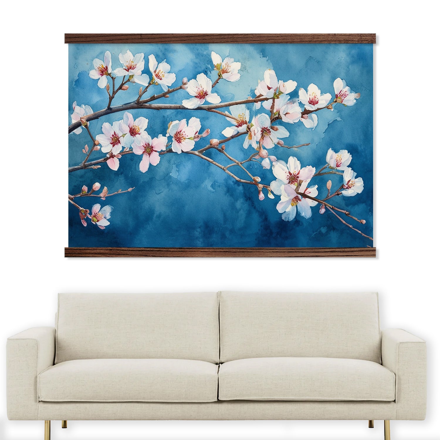 Almond Blossoms on Blue Watercolor - Flower Canvas Wall Art