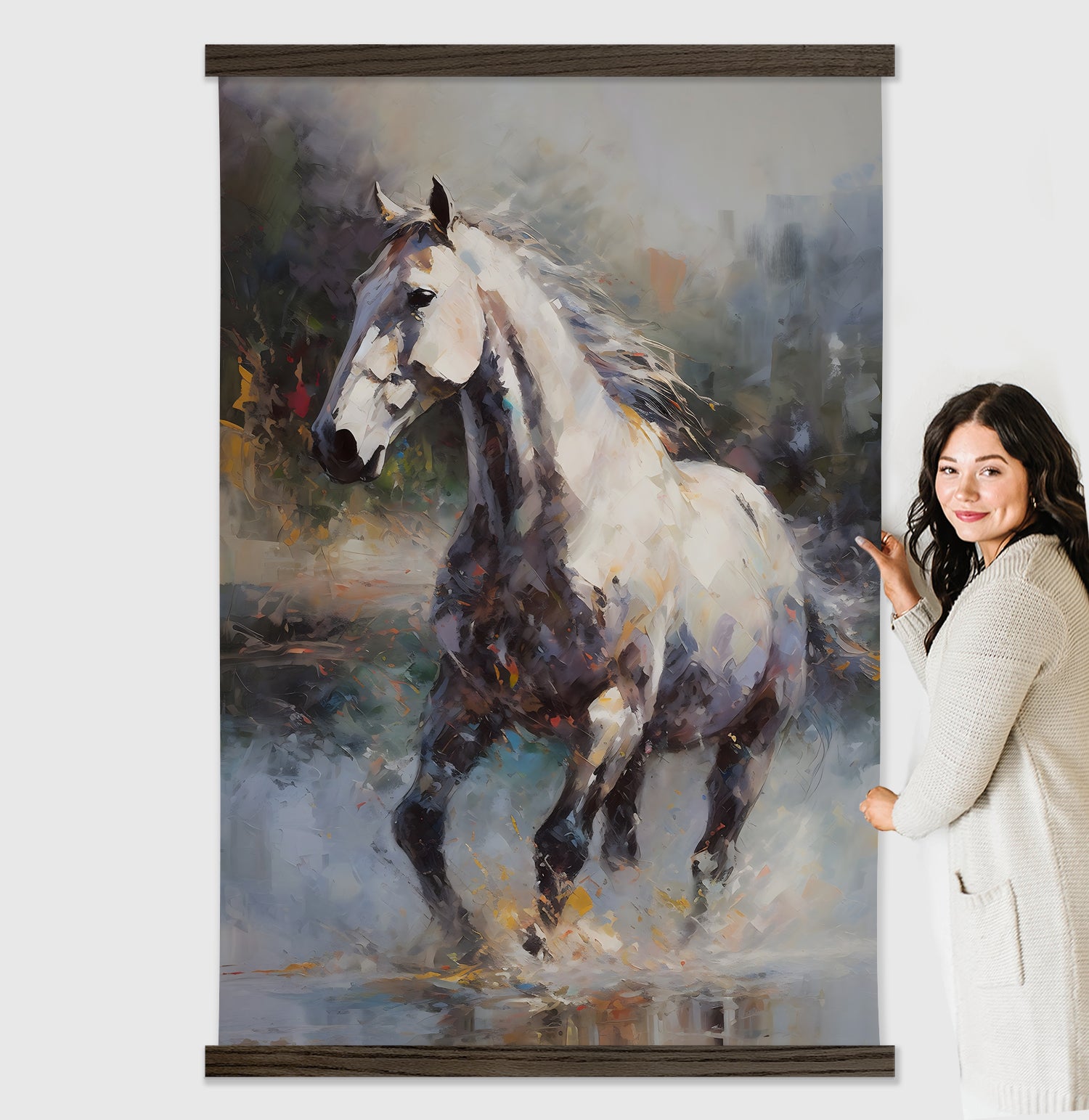 Abstract White Horse - Horse Watercolor Canvas Art - Framed