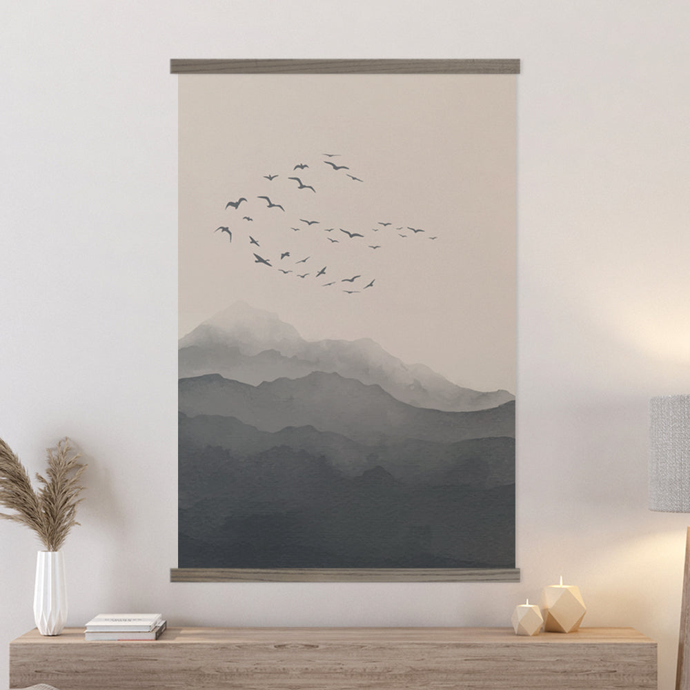 Birds Over Gray Mountain - Nature Canvas Wall Art - Framed