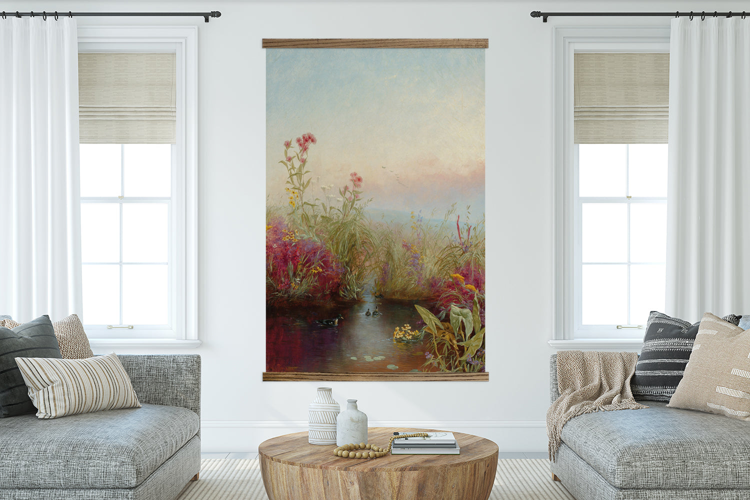 Blooming River Flowers - River Landscape Canvas Art - Framed