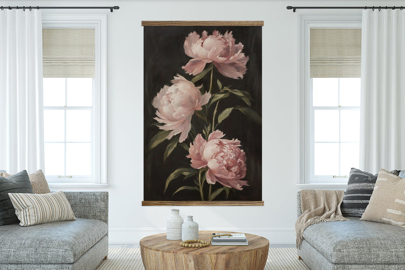 Blush Peonies Dark Painting - Canvas Tapestry Wood Frame