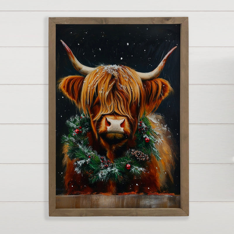 Christmas Long Haired Highland Cow - Christmas Canvas Art