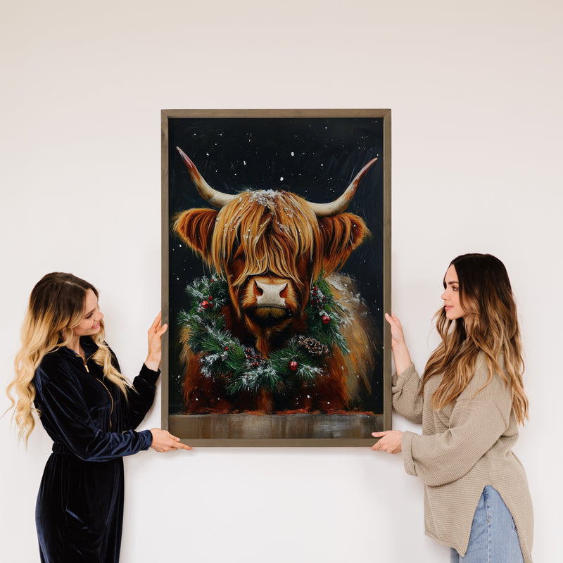 Christmas Long Haired Highland Cow - Christmas Canvas Art