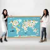 Kids Room Large Canvas Art - Cute Animal World Map - Wood Framed Extra Large Decor